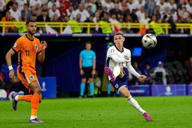 Netherlands v England Euro 2024 10 07 2024. Semi Final Phil Foden of England shoots towards the goal during the Euro 2024 semi-final match between Netherlands and England at BVB Stadion, Dortmund, Germany on 10 July 2024. Editorial use only , Copyright: xNigelxKeenex PSI-19938-0024