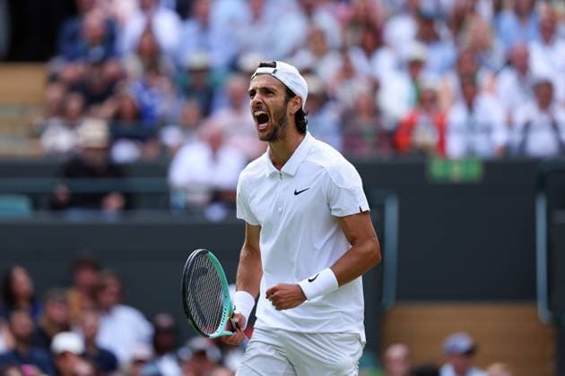 10th July 2024; All England Lawn Tennis and Croquet Club, London, England; Wimbledon Tennis Tournament, Day 10; Lorenzo Musetti (ITA) celebrates after taking another set against Taylor Fritz (USA), mens singles quarter final match  ActionPlus12666668 JohnxPatrickxFletcher