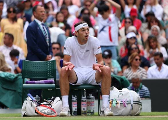 10th July 2024; All England Lawn Tennis and Croquet Club, London, England; Wimbledon Tennis Tournament, Day 10; Taylor Fritz (USA) complaining towards his coaches during a break in play after losing another set against Lorenzo Musetti (ITA), mens singles quarter final match  ActionPlus12666680 JohnxPatrickxFletcher
