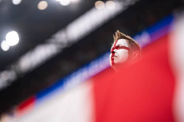 GER, Euro 2024, semi-final, semi-final, Netherlands NLD England ENG 10 07 2024, Signal Iduna Park, Dortmund, GER, Euro 2024, semi-final, semi-final, Netherlands NLD England ENG In the picture Made-up fan of England GBR with flag on face, gestures, facial expressions, emotions, is angry, disappointed, sad nordphotoxGmbHxx xChristianxSchulze nph000300