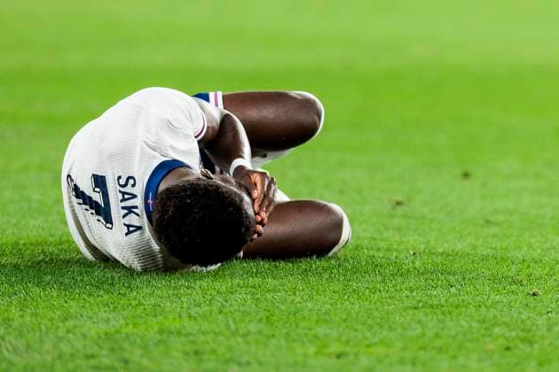 UEFA EURO 2024 Netherlands England 10 07 2024 Bukayo Saka England, 7 is on the ground UEFA EURO 2024 Netherlands England BVB Stadion Dortmund, Dortmund on 10 07 2024 Copyright: xBEAUTIFULxSPORTS Wunderlx
