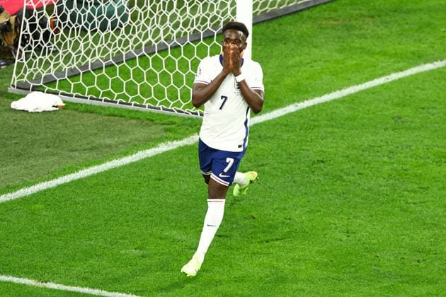 Bukayo Saka of England celebrates but their goal is ruled offside Netherlands v England, UEFA European Championship, EM, Europameisterschaft 2024, Semi Final, Football, BVB Stadion, Dortmund, Germany, 10 Jul 2024 EDITORIAL USE ONLY No use with unauthorised audio, video, data, fixture lists, club league logos or live services. Online in-match use limited to 120 images, no video emulation. No use in betting, games or single club league player publications. Copyright: xKieranxMcManus Shutterstockx 14576895cn