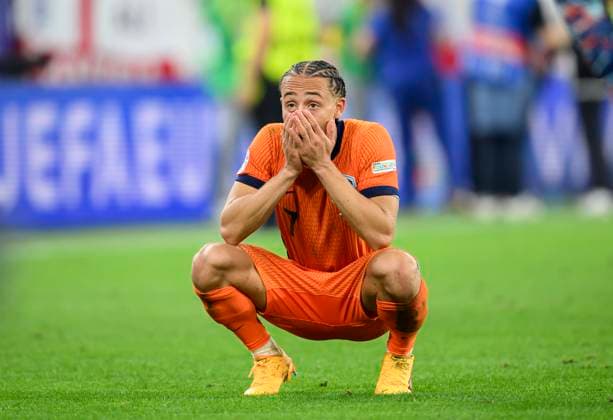 Frustration at XAVI SIMONS NED after the game, semi-final, match M50, Netherlands NED England ENG , on 10 07 2024 in Dortmund Germany European Football Championship 2024 from 14 06 14 07 2024 in Germany Â