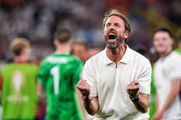 2024-07-10 Netherlands v England - UEFA EURO, EM, Europameisterschaft,Fussball 2024 Semi Final DORTMUND, NETHERLANDS - JULY 10: Coach Gareth Southgate of England celebrates his sides win during the UEFA EURO 2024 Semi Final match between Netherlands and England at BVB Stadion Dortmund on July 10, 2024 in Dortmund, Netherlands. Dortmund BVB Stadion Dortmund Netherlands Content not available for redistribution in The Netherlands directly or indirectly through any third parties. Copyright: xAndrexWeeningx