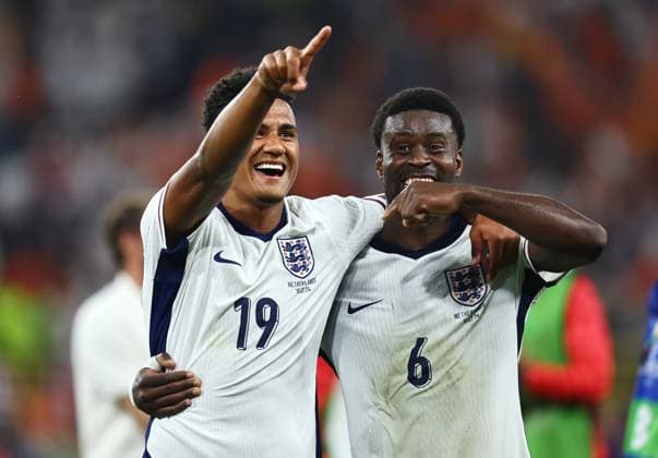 Ollie Watkins of England and Marc Guà hi of England celebrate winning the game at full time Netherlands v England, UEFA European Championship, EM, Europameisterschaft 2024, Semi Final, Football, BVB Stadion, Dortmund, Germany, 10 Jul 2024 EDITORIAL USE ONLY No use with unauthorised audio, video, data, fixture lists, club league logos or live services. Online in-match use limited to 120 images, no video emulation. No use in betting, games or single club league player publications. Copyright: xMichaelxZemanek Shutterstockx 14576899eo