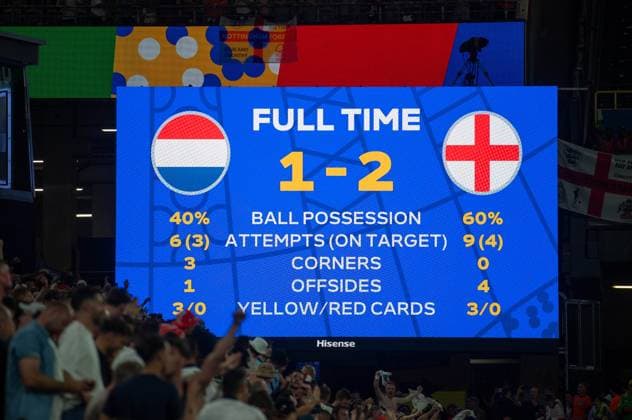 Football, men, season 2023 24, UEFA Euro EM 2024, semi-final in Dortmund, Netherlands England, scoreboard with 1 2 final score, 10 07 2024, Copyright: xSebastianxRäppold MatthiasxKochx