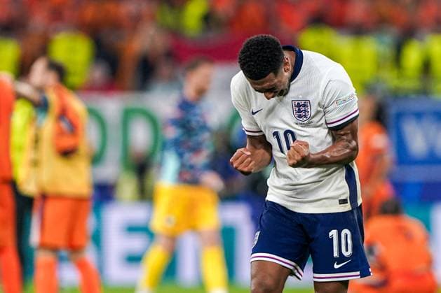 2024-07-10 Netherlands v England - UEFA EURO, EM, Europameisterschaft,Fussball 2024 Semi Final DORTMUND, NETHERLANDS - JULY 10: Jude Bellingham of England celebrates his sides win during the UEFA EURO 2024 Semi Final match between Netherlands and England at BVB Stadion Dortmund on July 10, 2024 in Dortmund, Netherlands. Dortmund BVB Stadion Dortmund Netherlands Content not available for redistribution in The Netherlands directly or indirectly through any third parties. Copyright: xAndrexWeeningx