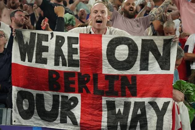 National team, Football, UEFA Euro2024, EM 2024,Semifinal,Semifinal, Dortmund, Netherlands England England Fan , Flag with the inscription we™re on our way to berlin