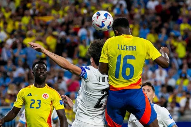 CHARLOTTE, NC - JULY 10: Colombia midfielder Jefferson Lerma (16) heads the ball for a goal during the CONMEBOL Copa America semifinal between Uruguay and Colombia on Wednesday July 10, 2024 at Bank of America Stadium in Charlotte, NC. (Photo by Nick Tre. Smith Icon Sportswire) SOCCER: JUL 10 CONMEBOL Copa America - Semifinals - Uruguay vs Colombia EDITORIAL USE ONLY Icon2407100053