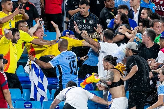 CHARLOTTE, NC - JULY 10: Fans fight each other in the stands after the CONMEBOL Copa America semifinal between Uruguay and Colombia on Wednesday July 10, 2024 at Bank of America Stadium in Charlotte, NC. (Photo by Nick Tre. Smith Icon Sportswire) SOCCER: JUL 10 CONMEBOL Copa America - Semifinals - Uruguay vs Colombia EDITORIAL USE ONLY Icon2407100114