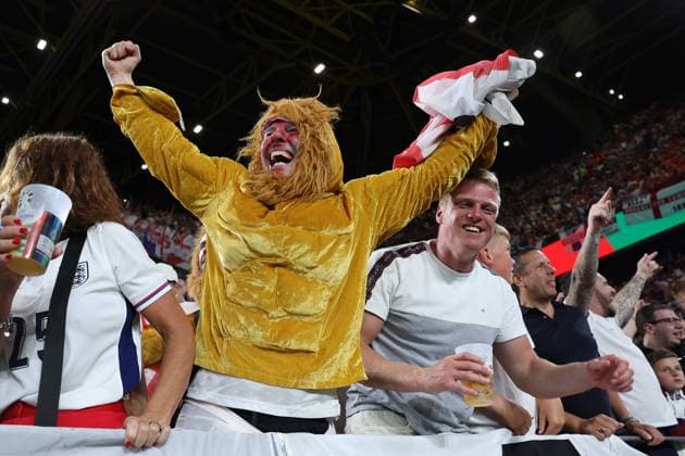 Dortmund, Germany, 10th July 2024. England fans celebrate after the UEFA European Championships semi final match at BVB Stadion, Dortmund. Picture credit should read: Paul Terry Sportimage EDITORIAL USE ONLY. No use with unauthorised audio, video, data, fixture lists, club league logos or live services. Online in-match use limited to 120 images, no video emulation. No use in betting, games or single club league player publications. SPI-3222-0171