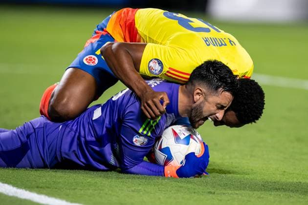CHARLOTTE, NC - JULY 10: Colombia goalkeeper Camilo Vargas (12) reacts with excitement with teammate defender Yerry Mina (13) in the closing minutes of the CONMEBOL Copa America semifinal between Uruguay and Colombia on Wednesday July 10, 2024 at Bank of America Stadium in Charlotte, NC. (Photo by Nick Tre. Smith Icon Sportswire) SOCCER: JUL 10 CONMEBOL Copa America - Semifinals - Uruguay vs Colombia EDITORIAL USE ONLY Icon2407100100