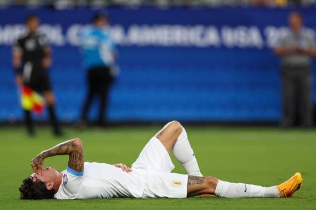 July 10, 2024, Charlotte, North Carolina, U.S: Uruguay defender JOSE GIMENEZ (2) lays on the pitch after a foul during the first half of the CONMEBOL Copa America semi-final match between Uruguay and Columbia at Bank of America Stadium in Charlotte, NC on July 10, 2024. Charlotte U.S - ZUMAk149 20240710_zsp_k149_049 Copyright: xCoryxKnowltonx