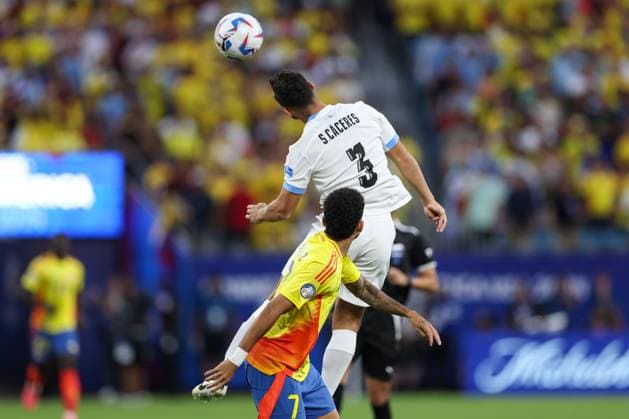 July 10, 2024, Charlotte, North Carolina, U.S: Uruguay defender SEBASTIoÂN CoÂCERES (3) gets a header during the first half of the CONMEBOL Copa America semi-final match between Uruguay and Columbia at Bank of America Stadium in Charlotte, NC on July 10, 2024. Charlotte U.S - ZUMAk149 20240710_zsp_k149_072 Copyright: xCoryxKnowltonx