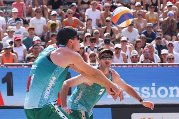 BEACHVOLLEYBALL - Beach Pro Vienna VIENNA,AUSTRIA,11.JUL.24 - Beach volleyball, Beachvolleyball - A1 Beach Pro Vienna. Image shows Paul Burnett and Christopher McHugh (AUS).  GEPAxpictures xMathiasxMandl