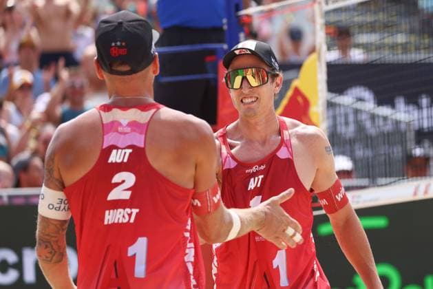BEACHVOLLEYBALL - Beach Pro Vienna VIENNA,AUSTRIA,11.JUL.24 - Beach volleyball, Beachvolleyball - A1 Beach Pro Vienna. Image shows Julian Hoerl and Alexander Horst (AUT).  GEPAxpictures xMathiasxMandl