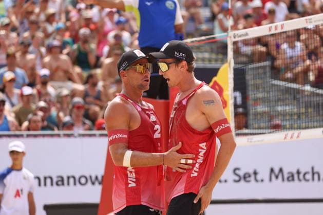 BEACHVOLLEYBALL - Beach Pro Vienna VIENNA,AUSTRIA,11.JUL.24 - Beach volleyball, Beachvolleyball - A1 Beach Pro Vienna. Image shows Julian Hoerl and Alexander Horst (AUT).  GEPAxpictures xMathiasxMandl