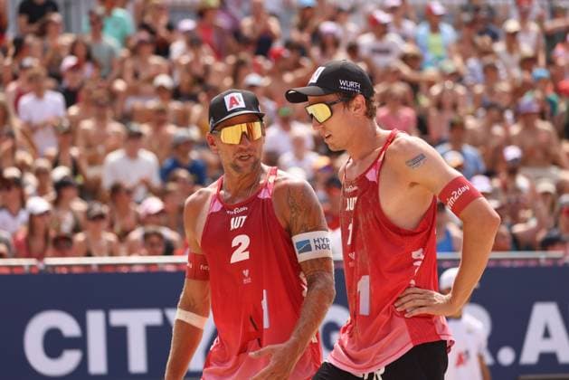 BEACHVOLLEYBALL - Beach Pro Vienna VIENNA,AUSTRIA,11.JUL.24 - Beach volleyball, Beachvolleyball - A1 Beach Pro Vienna. Image shows Julian Hoerl and Alexander Horst (AUT).  GEPAxpictures xMathiasxMandl