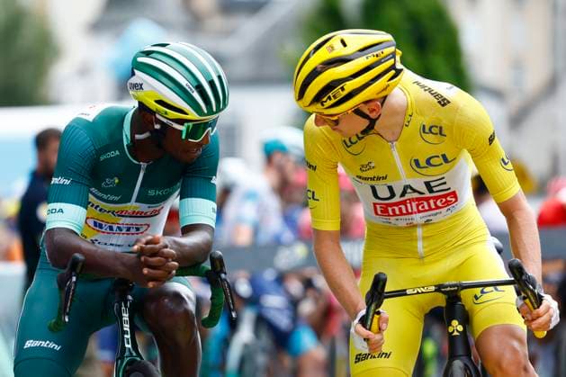 Tour de France 2024 - Stage 12 VILLENEUVE-SUR-LOT, FRANCE - JULY 11 : Girmay Biniam (ERI) of Intermarche - Wanty and Pogacar Tadej (SVN) of UAE Team Emirates during stage 12 of the 111th edition of the Tour de France 2024 cycling race, a stage of 204 kms with start in Aurillac and finish in Villeneuve-sur-Lot on July 11, 2024 in Villeneuve-sur-Lot, France, 11 07 2024 Villeneuve-sur-Lot France  Copyright: xJanxDexMeuleneirx