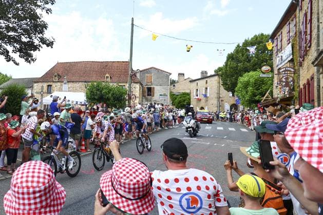 The breakaway group pictured during stage 12 of the 2024 Tour de France cycling race, from Aurillac to Villeneuve-sur-Lot, France (203,6km) on Thursday 11 July 2024. The 111th edition of the Tour de France starts on Saturday 29 June and will finish in Nice, France on 21 July. DAVIDxPINTENS  x96261828x