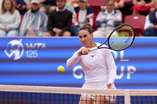 Nuria Parrizas-Diaz of Spain returns a forehand to Tamara Korpatsch of Germany during their quarter final match at Nordea Open at Bastad Tennis Stadium on July 11, 2024 in Bastad, Sweden (Photo by Camilla Stolen Imago) Bastad Sweden Copyright: xCamillaxStolenx L2230212