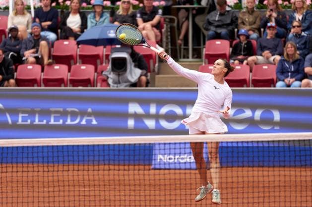 Nuria Parrizas-Diaz of Spain returns a forehand to Tamara Korpatsch of Germany during their quarter final match at Nordea Open at Bastad Tennis Stadium on July 11, 2024 in Bastad, Sweden (Photo by Camilla Stolen Imago) Bastad Sweden Copyright: xCamillaxStolenx L2230335