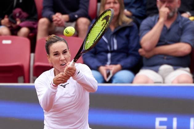 Nuria Parrizas-Diaz of Spain returns a backhand to Tamara Korpatsch of Germany during their quarter final match at Nordea Open at Bastad Tennis Stadium on July 11, 2024 in Bastad, Sweden (Photo by Camilla Stolen Imago) Bastad Sweden Copyright: xCamillaxStolenx L2230342