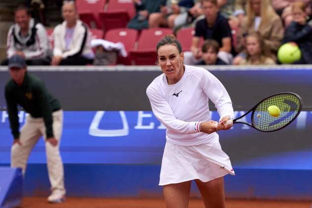 Nuria Parrizas-Diaz of Spain returns a backhand to Tamara Korpatsch of Germany during their quarter final match at Nordea Open at Bastad Tennis Stadium on July 11, 2024 in Bastad, Sweden (Photo by Camilla Stolen Imago) Bastad Sweden Copyright: xCamillaxStolenx L2230361