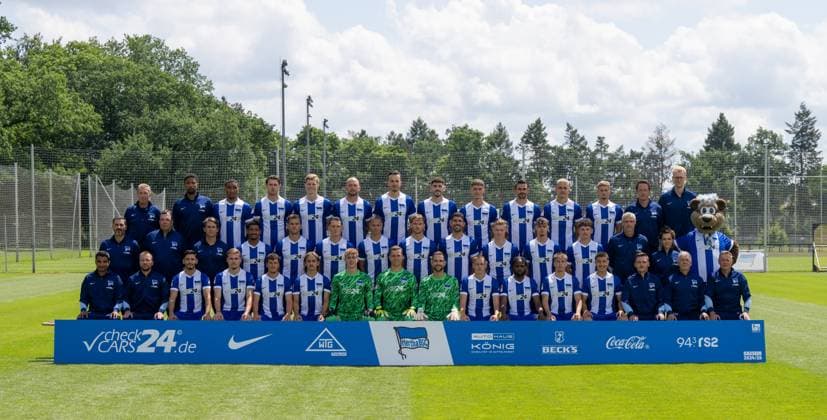 Hertha BSC 2 Bundesliga, Portrait appointment 2024 2025, Team photo, Hi row from l Jürgen Lange Physiotherapist , Frederick Syna Physiotherapist , Bradley Ibrahim, Linus Gechter, Luca Schuler, Toni Leistner, Haris Tabakovic, Agustin Rogel, Oliver Rölke, Smail Prevljak, Marc Oliver Kempf, Michael Cuisance, Henrik Kuchno Athletics coach , Moritz Schleicher Team doctor Mi row from l Cristian Fiel Head coach , Andreas Menger Goalkeeping coach , Jaime Monroy Co coach , Jeremy Dudziak, Florian Niederlechner, Fabian Reese, Derry Scherhant, Pascal Klemens, Andreas Bouchalakis, Julian Eitschberger, Luis Trus, Julius Gottschalk, Hendrik Herzog Equipment Manager , Anne Kaube Physiotherapist , Herthinho Mascot Bottom row from l Sami Allagui Assistant to the Sporting Director , Patrick Ebert Standard and Individual Coach , Kevin Sessa, Marten Winkler, Diego Demme, Michal Karbownik, goalkeeper Tim Goller, goalkeeper Tjark Ernst, Marius Gersbeck, Palko Dardai, Deyovaisio Zeefuik, Gustav Christensen, Ibrahim Maza, Maximilian Fürst Team manager , Robert Abramczyk Equipment manager , Dirk Kunert Transition coach U19, U23, pros 11 07 2024, Copyright: xMatthiasxKochx
