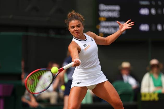 11th July 2024; All England Lawn Tennis and Croquet Club, London, England; Wimbledon Tennis Tournament, Day 11; Jasmine Paolini (ITA) from the baseline against Donna Vekic (CRO), ladies singles semi final match  ActionPlus12666959 JohnxPatrickxFletcher