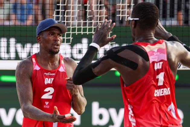 BEACHVOLLEYBALL - Beach Pro Vienna VIENNA,AUSTRIA,11.JUL.24 - Beach volleyball, Beachvolleyball - A1 Beach Pro Vienna. Image shows Ahmed Tijan Janko and Cherif Younousse Samba (QAT).  GEPAxpictures xMathiasxMandl