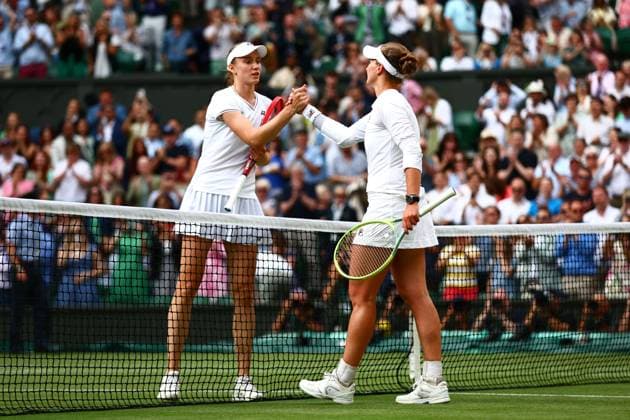 Barbora Krejcikova celebrates victory in her semi final match against Elena Rybakina Wimbledon Tennis Championships, Day 11, The All England Lawn Tennis and Croquet Club, London, UK - 11 Jul 2024  Copyright: xJamesxMarsh Shutterstockx 14580282gx