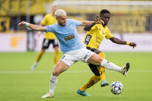 240711 Vlad Dragomir of Pafos and Michael Baidoo of Elfsborg during the UEFA Europa League qualification match between Elfsborg and Pafos on July 11, 2024 in Boras Photo Jörgen Jarnberger BILDBYRAN COP 112 JJ0379 fotboll football soccer fotball uefa europa league kval qualifying round qualification elfsborg pafos bbeng  Copyright: JÖRGENxJARNBERGER BB240711JJ049