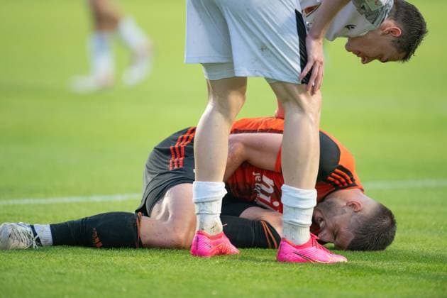 Injured Adam Gabriel during UEFA Europa league preliminary round match, MFK Ruzomberok - FC Tobol Kostanaj, 11. july 2024 Copyright: xMICHALxFAJT,ZOSPORTU.SKx DSC_7533