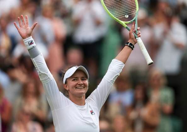 (240712) -- LONDON, July 12, 2024 -- Barbora Krejcikova celebrates after the women s singles semifinal match between Elena Rybakina of Kazakhstan and Barbora Krejcikova of Czech Republic at Wimbledon tennis Championship in London, Britain, on July 11, 2024. ) (SP)BRITAIN-LONDON-TENNIS-WIMBLEDON-WOMEN S SINGLES-SEMIFINALS HanxYan 