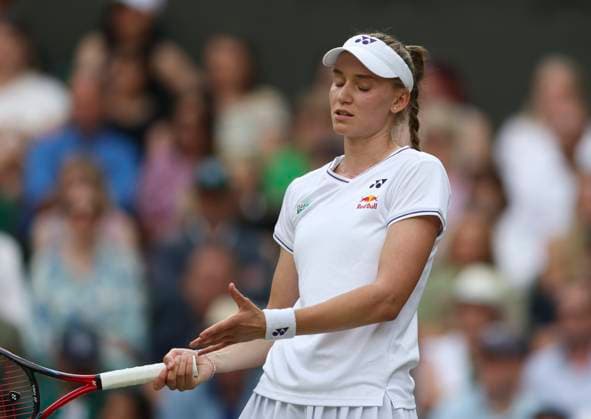 (240712) -- LONDON, July 12, 2024 -- Elena Rybakina reacts during the women s singles semifinal match between Elena Rybakina of Kazakhstan and Barbora Krejcikova of Czech Republic at Wimbledon tennis Championship in London, Britain, on July 11, 2024. ) (SP)BRITAIN-LONDON-TENNIS-WIMBLEDON-WOMEN S SINGLES-SEMIFINALS HanxYan 