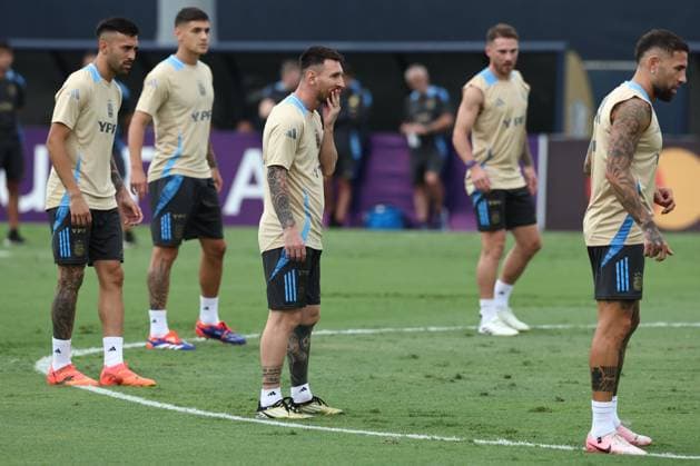 Argentina™s forward Lionel Messi C and teammates take part in a training session ahead the match against Colombia for the Copa America USA 2024 final match, at Florida International University FIU , Miami, on July 11 2024 MIAMI UNITED STATES Copyright: xALEJANDROxPAGNIx