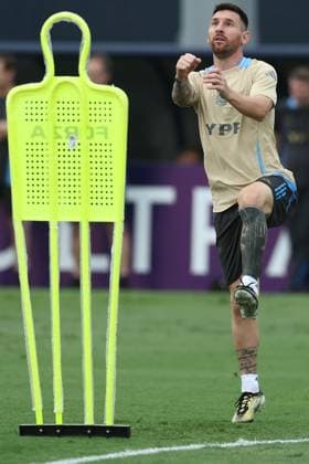 Argentina s forward Lionel Messi jumps during a training session ahead the match against Colombia for the Copa America USA 2024 final match, at Florida International University FIU , Miami, on July 11 2024 MIAMI UNITED STATES Copyright: xALEJANDROxPAGNIx