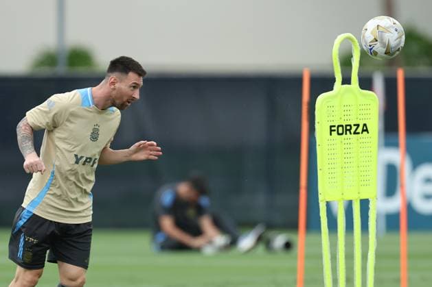 Argentina s forward Lionel Messi heads the ball during a training session ahead the match against Colombia for the Copa America USA 2024 final match, at Florida International University FIU , Miami, on July 11 2024 MIAMI UNITED STATES Copyright: xALEJANDROxPAGNIx