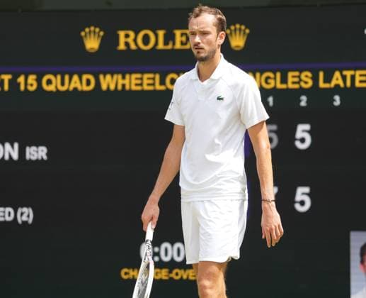 Lawn Tennis - 2024 Wimbledon Championship Mens Singles Semi Final - Carlos Alcaraz (SPN) v Daniil Medvedev All England Lawn Tennis & Croquet Club - Friday 12h July 2024 Daniil Medvedev is issued with a code violation in the first set against Carlos Alcaraz after appearing to say something in frustration at the chair umpire. 