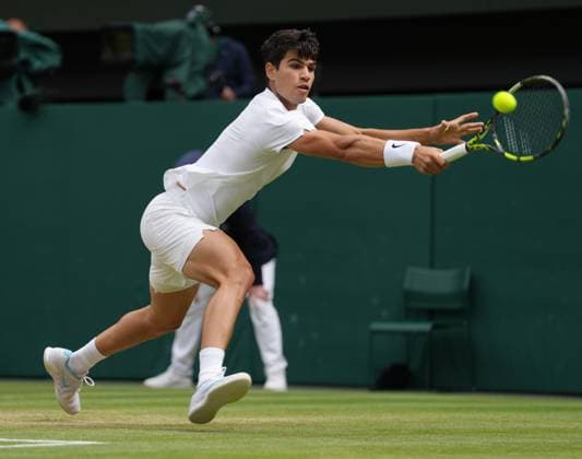 Lawn Tennis - 2024 Wimbledon Championship Mens Singles Semi Final - Carlos Alcaraz (SPN) v Daniil Medvedev All England Lawn Tennis & Croquet Club - Friday 12h July 2024 Carlos Alcaraz (SPN) 