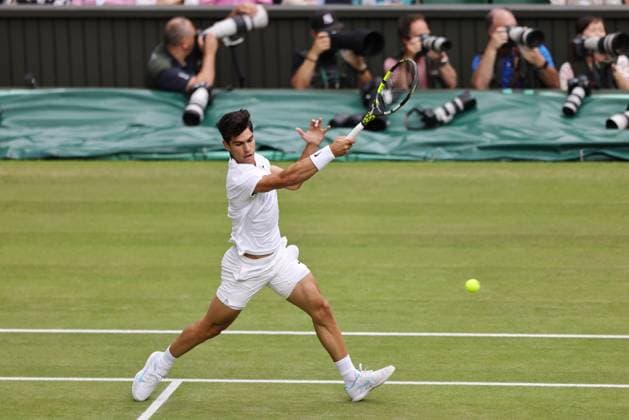Carlos Alcaraz, ESP, during semifinals of 2024 All England Lawn Tennis Championships at Wimbledon, gentlemens singles, London, 12 07 2024