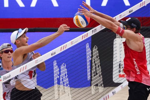 BEACHVOLLEYBALL - Beach Pro Vienna VIENNA,AUSTRIA,12.JUL.24 - Beach volleyball, Beachvolleyball - A1 Beach Pro Vienna. Image shows Mark Nicolaidis (AUS) and Julian Hoerl (AUT).  GEPAxpictures xMathiasxMandl