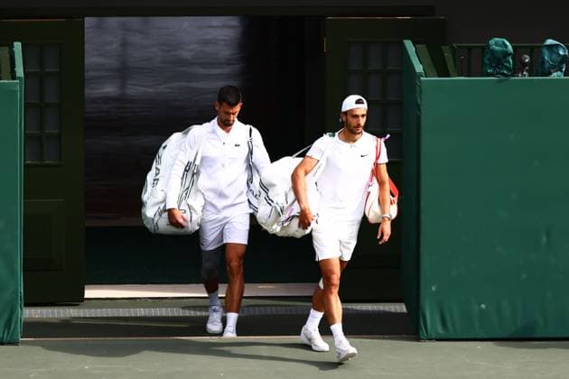 Novak Djokovic and Lorenzo Musetti ahead of their semi final match Wimbledon Tennis Championships, Day 12, The All England Lawn Tennis and Croquet Club, London, UK - 12 Jul 2024  Copyright: xJamesxMarsh Shutterstockx 14581884dn