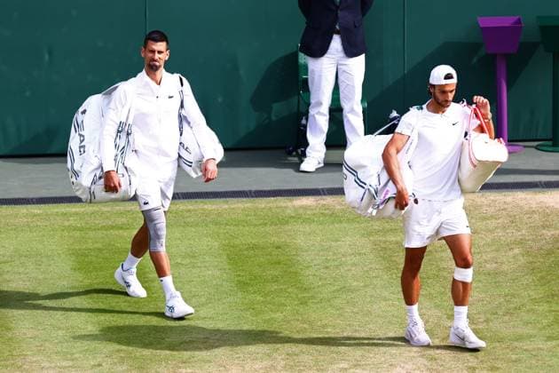 Novak Djokovic and Lorenzo Musetti ahead of their semi final match Wimbledon Tennis Championships, Day 12, The All England Lawn Tennis and Croquet Club, London, UK - 12 Jul 2024  Copyright: xJamesxMarsh Shutterstockx 14581884dm