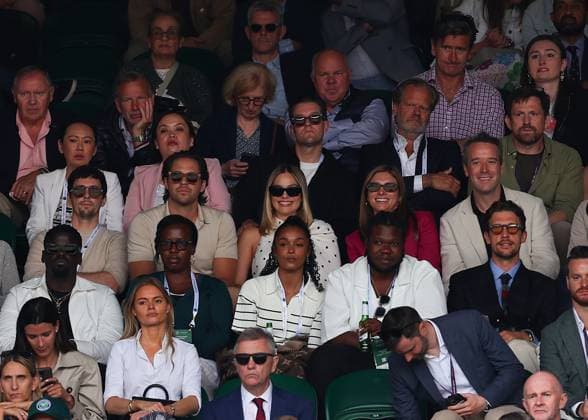 12th July 2024; All England Lawn Tennis and Croquet Club, London, England; Wimbledon Tennis Tournament, Day 12; Australian actor Margot Robbie sitting next to husband Tom Ackerley in the stands at Centre Court watching Daniil Medvedev (RUS) vs Carlos Alcaraz (ESP), gentlemens singles semi final match  ActionPlus12667133 JohnxPatrickxFletcher