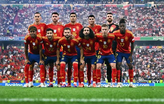 Football, European Championship, EURO 2024, Semi-final, Allianz Arena Munich Spain France 2 1 Team photo Spain, hi v li Fabian Ruiz SPA , Aymeric Laporte SPA , Rodri SPA , Alvaro Morata SPA , Unai Simon SPA , vo v li Lamine Yamal SPA , Jesus Navas SPA , Nacho SPA , Marc Cucurella SPA , Nico Williams SPA
