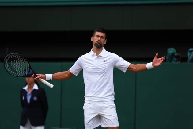 12th July 2024; All England Lawn Tennis and Croquet Club, London, England; Wimbledon Tennis Tournament, Day 12; Novak Djokovic (SRB) complaining to the Umpire after the video reply was unable to display results in his Gentlemens Singles Semi Finals against Lorenzo Musetti (ITA)  ActionPlus12667218 JohnxPatrickxFletcher