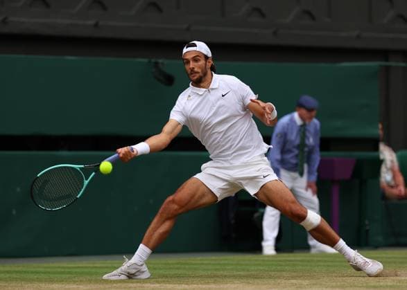 12th July 2024; All England Lawn Tennis and Croquet Club, London, England; Wimbledon Tennis Tournament, Day 12; Lorenzo Musetti (ITA) from the baseline against Novak Djokovic (SRB), Gentlemens Singles Semi Finals  ActionPlus12667236 JohnxPatrickxFletcher