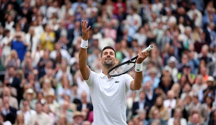 Sport Bilder des Tages (240713) -- LONDON, July 13, 2024 -- Novak Djokovic celebrates after the men s singles simifinal match between Novak Djokovic of Serbia and Lorenzo Musetti of Italy at Wimbledon tennis Championship in London, Britain, on July 12, 2024. ) (SP)BRITAIN-LONDON-TENNIS-WIMBLEDON-MEN S SINGLES-SEMIFINALS LixYing 
